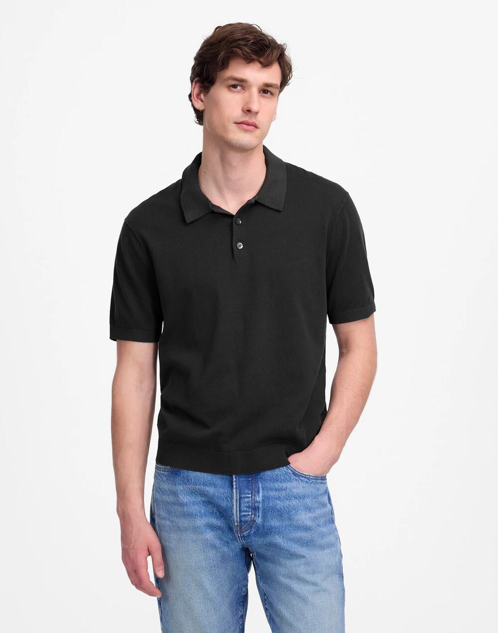 NWT Madewell Men's Three-Button Cotton Sweater Polo Shirt Black Coal Gray Size S